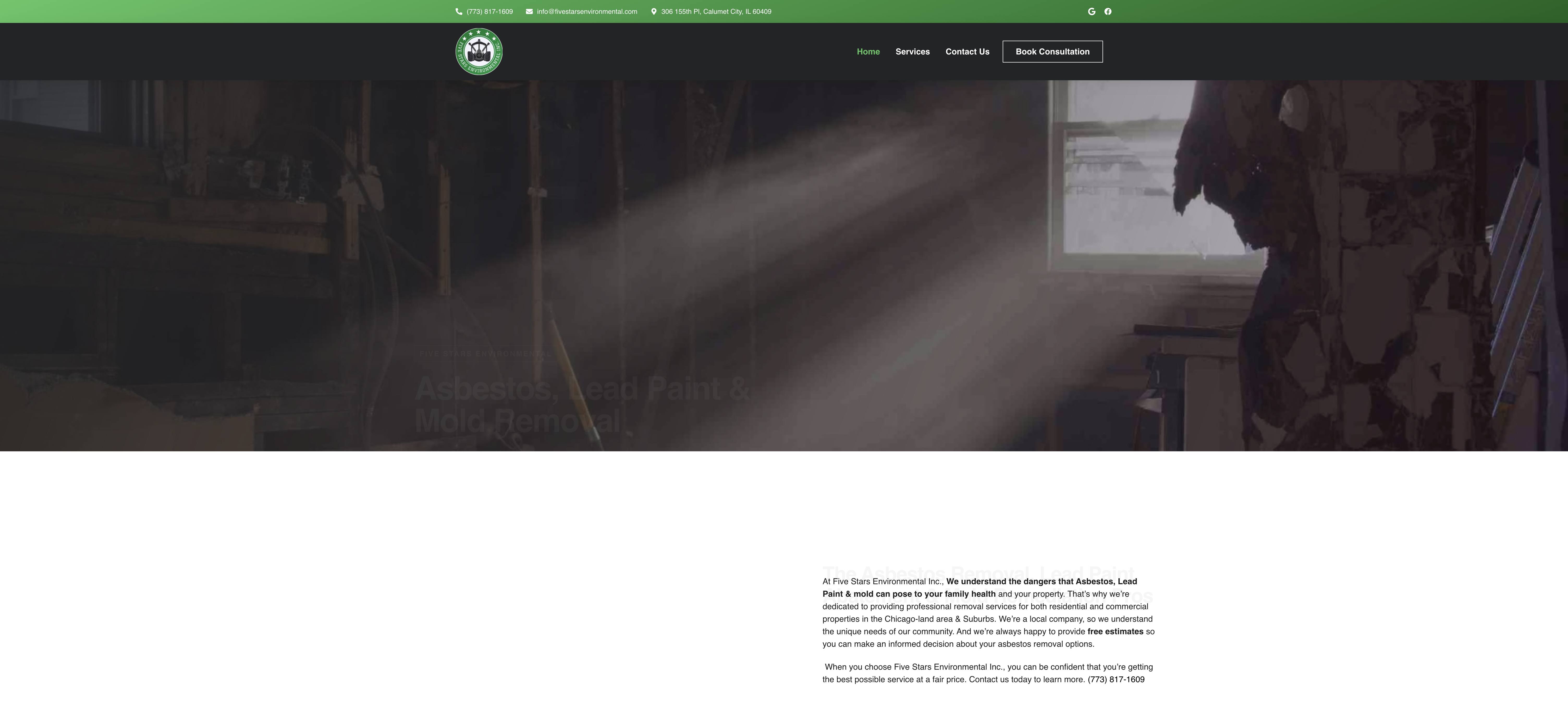 Homepage screenshot of the Five Stars Environmental website, built by Web Pro Chicago