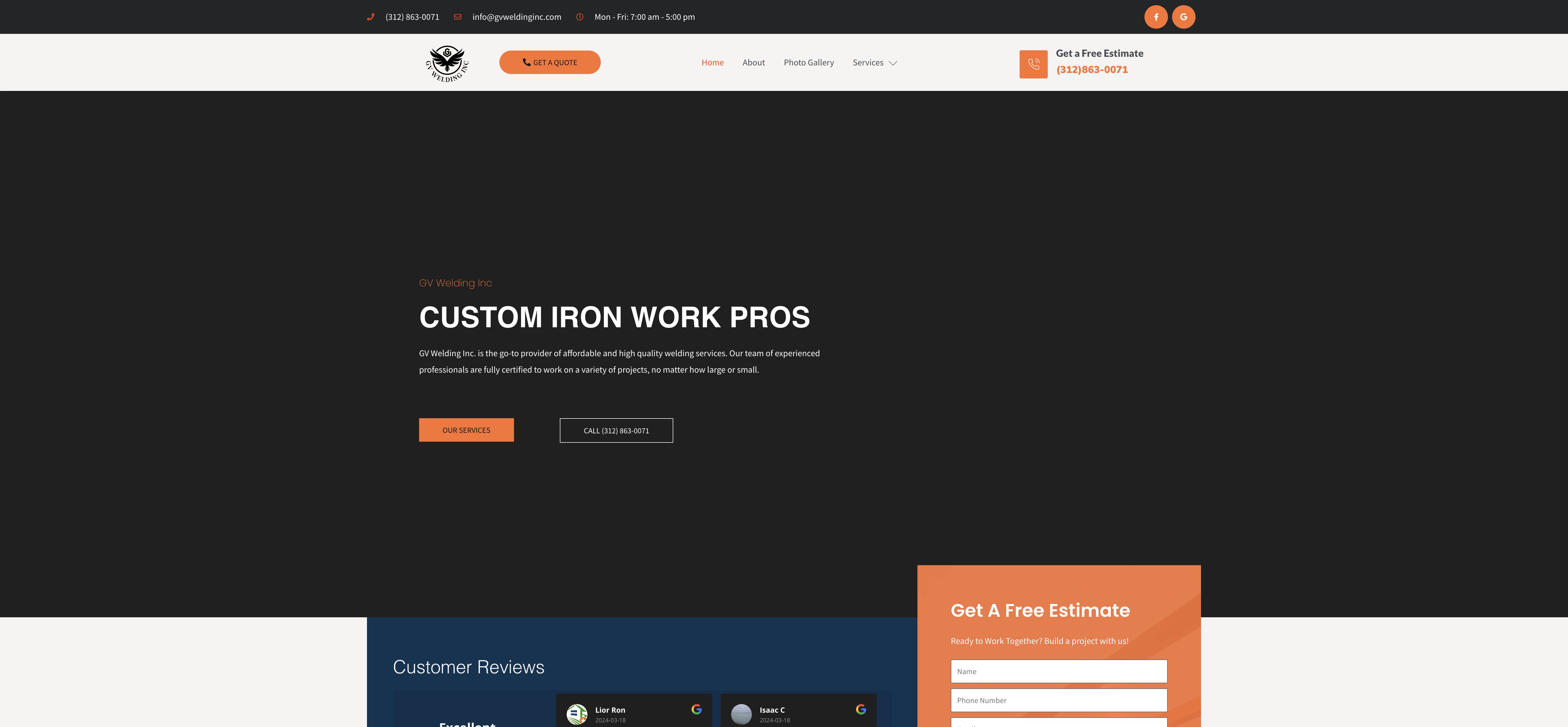 Homepage screenshot of the GV Welding Inc website, built by Web Pro Chicago