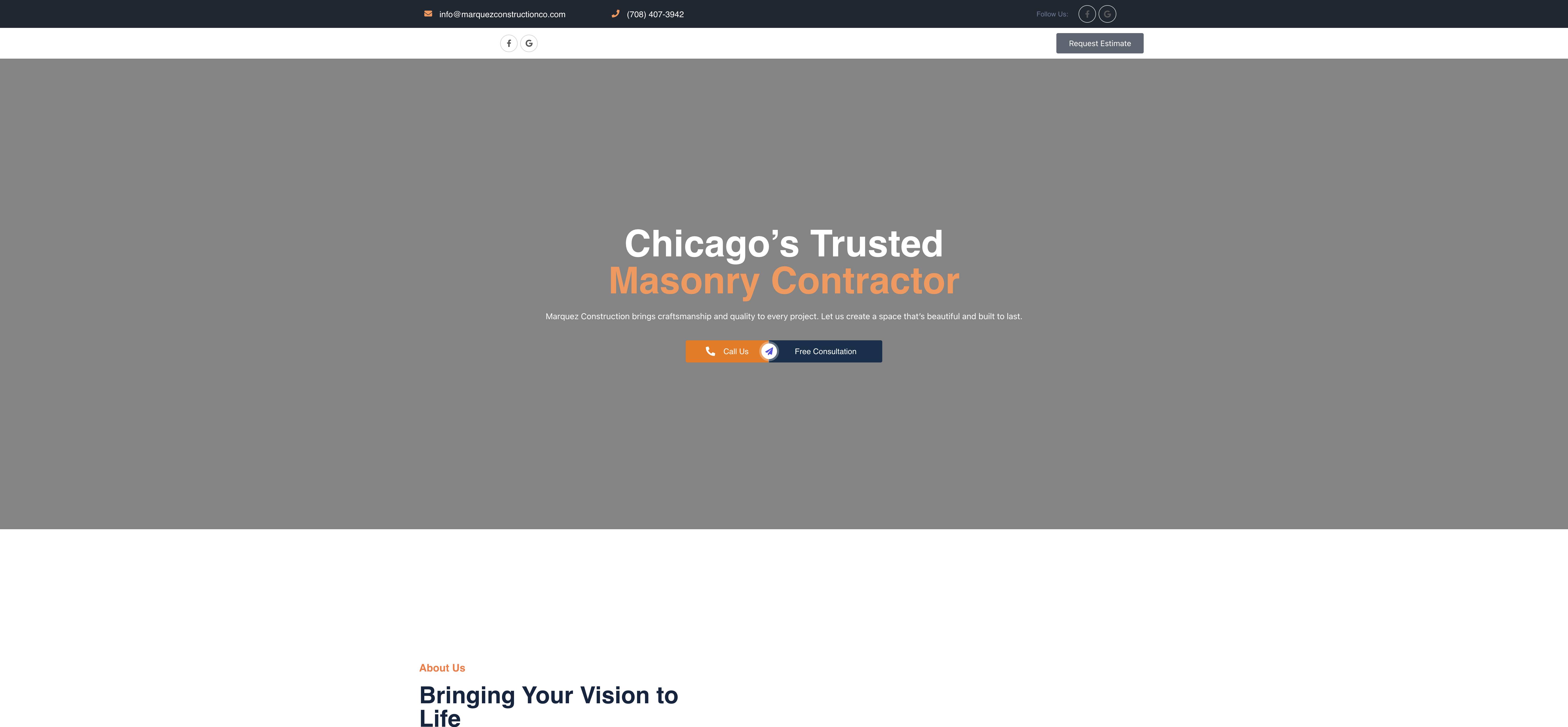 Homepage screenshot of the Marquez Construction Co website, built by Web Pro Chicago